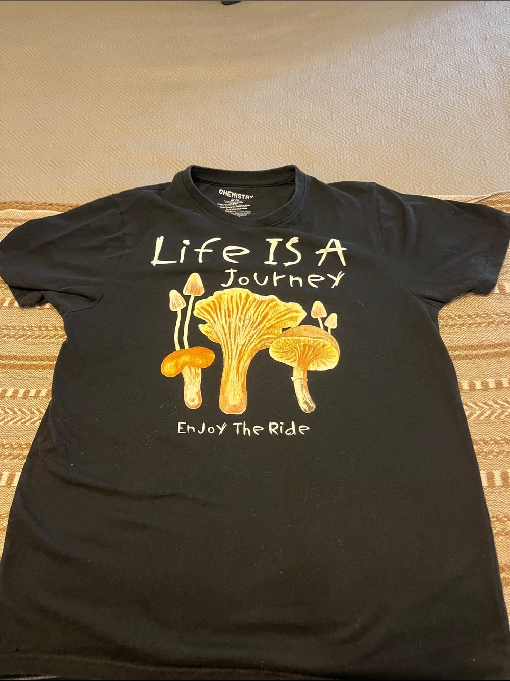 Chemistry Black Tee with Yellow & Orange Mushroom Design